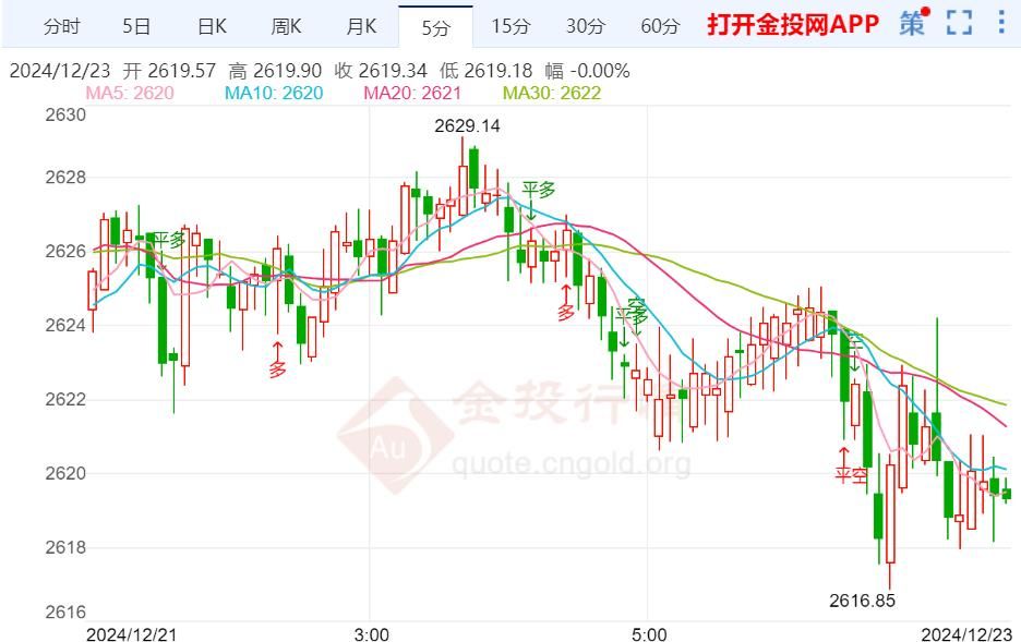 现货黄金周一盘初波动不大 报2619.07美元/盎司